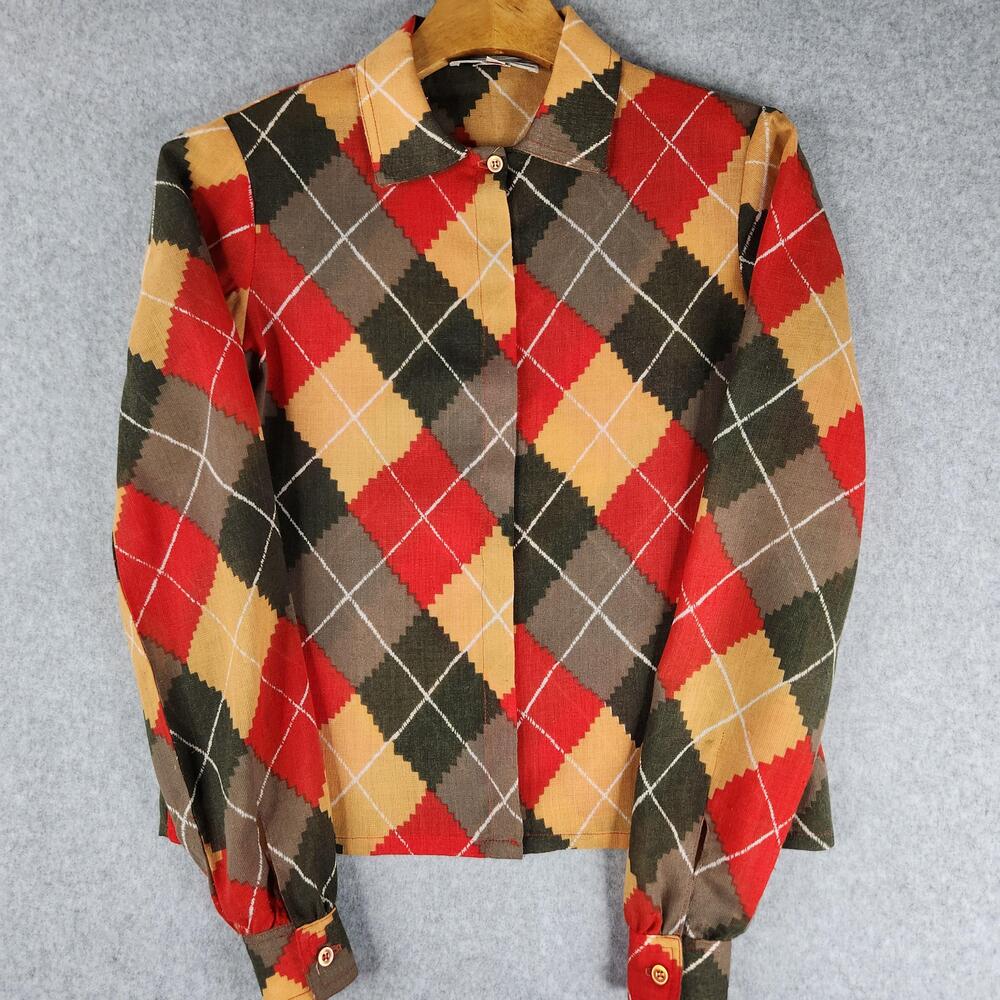 Vintage Koos Van Den Akker Shirt Womens 4 Multicolor Argyle Button Up Union Made